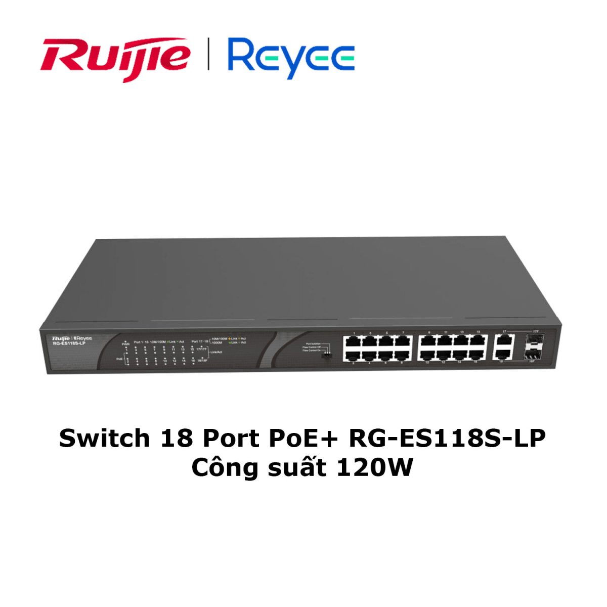 RG-ES118S-LP SWITCH POE 16+2 Puertos 10/100Mbps+1000Mbps*2,100V to 240V AC,2.5A,120W,No administrado RUIJIE-REYEE 0