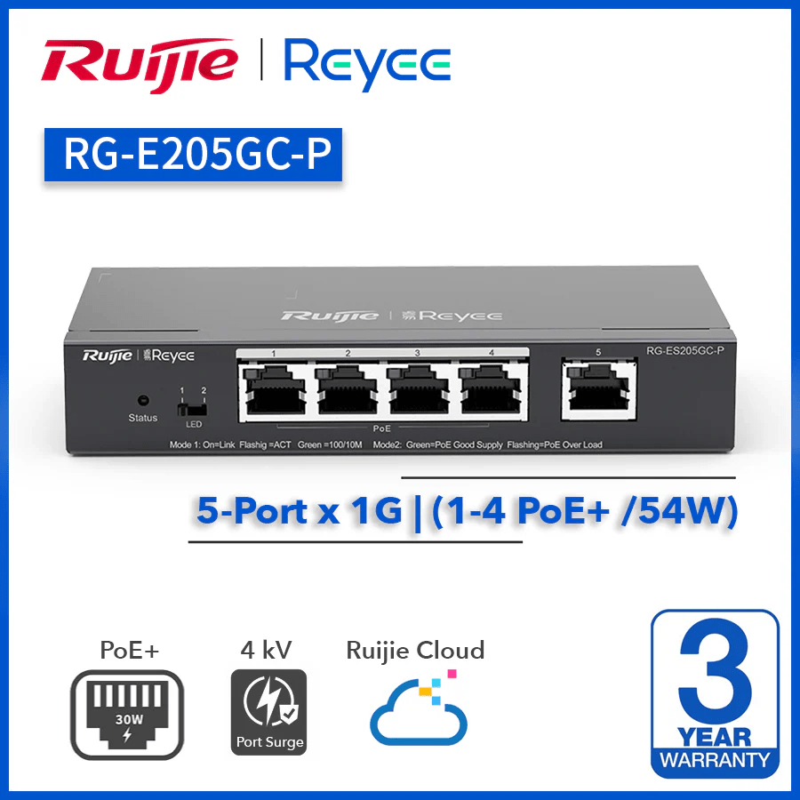 RG-ES205GC-P Switch POE NUBE 5 Puertos Gigabit, 4 puertos PoE/POE 1000Mbps + 1 GE 54W Ruijie 0