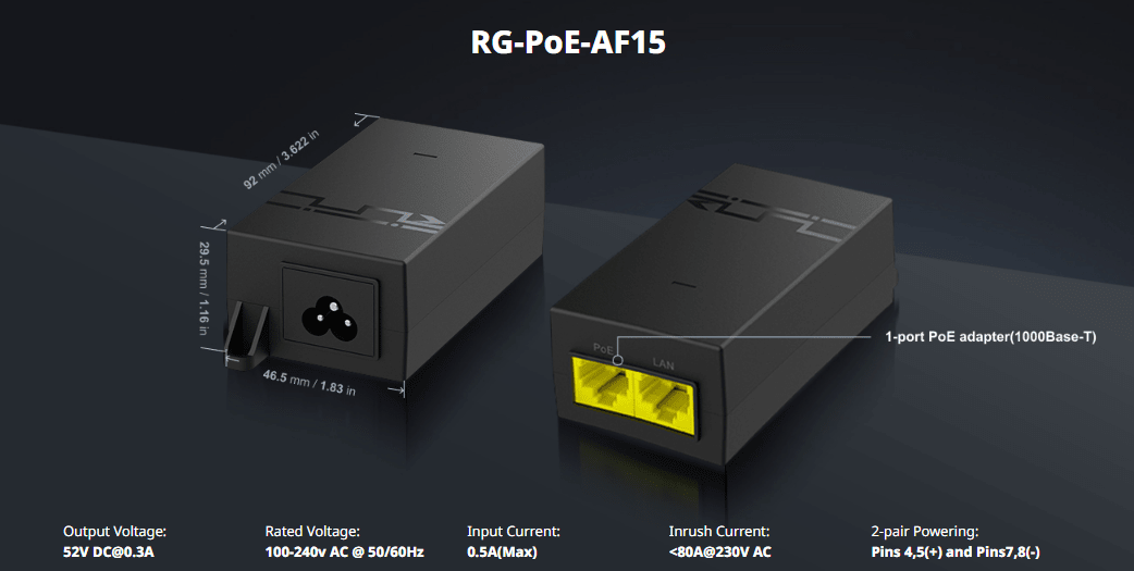RG-POE-AF15 Adaptador PoE de 1 puerto (1000Base-T, 52 V, 15,6 W) RUIJIE2