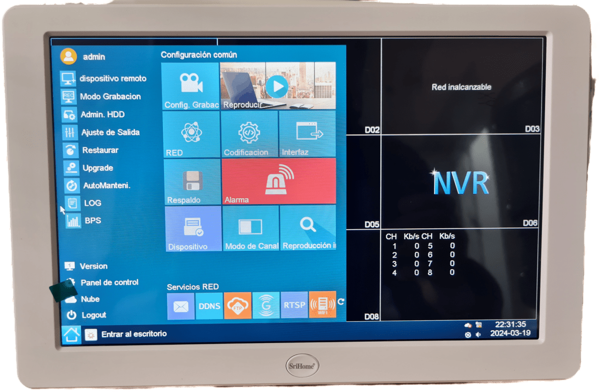 KIT WIFI 4 CAMARAS NVR+MONITOR SIN TOUCH 8CH 2MP 2.8MM AUDIO BIDIRECCIONAL FULLCOLOR APP:SRIHOME4