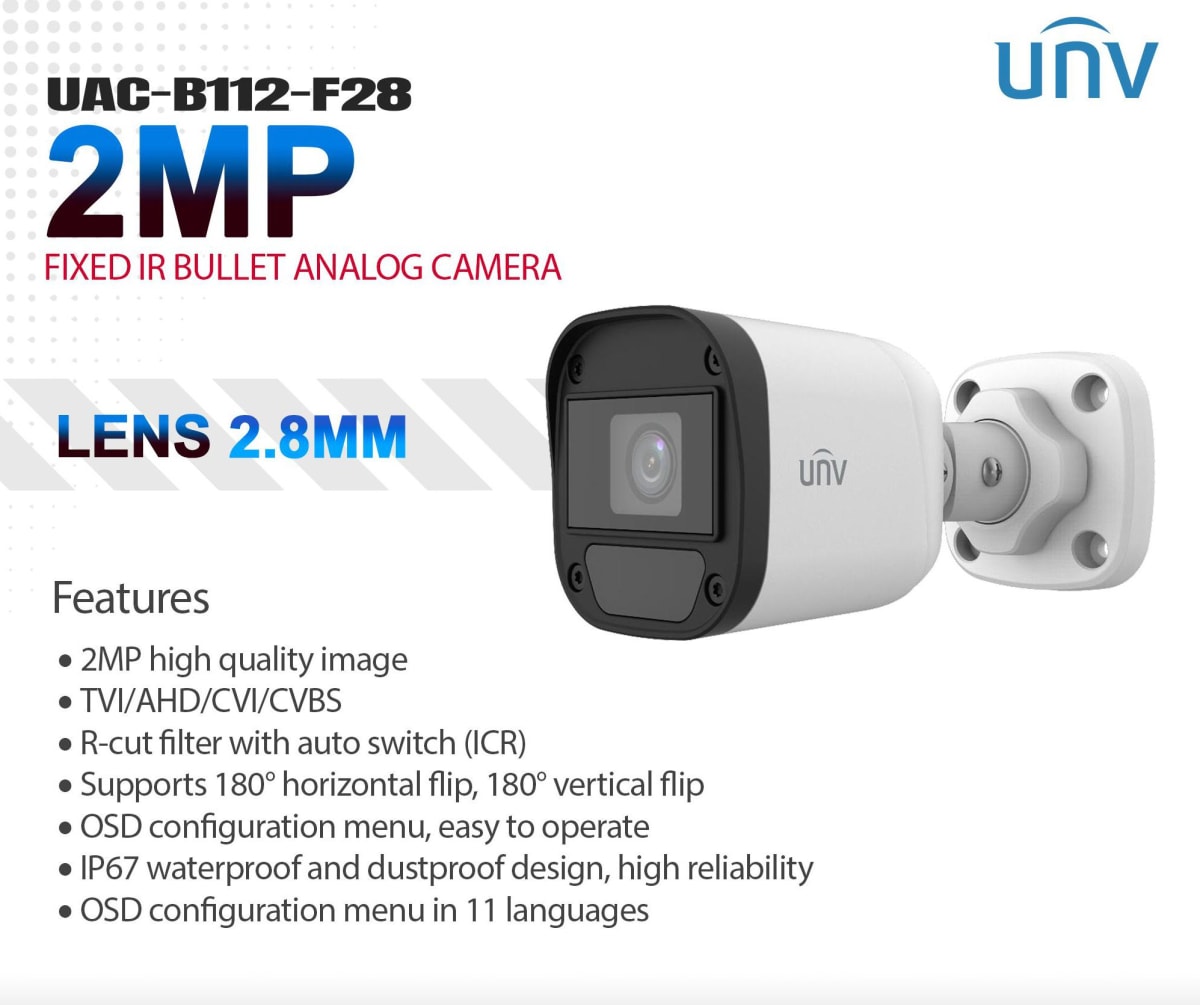 UAC-B112-F28-X CAMARA BALA 2MP 2.8MM IR20MT IP67 PLASTICA 12V 2A ANALOGA(Compatible DAHUA/HIKVISION) UÑV 0