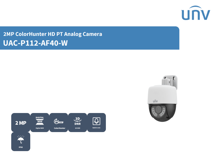 UAC-P112-AF40-W CAMARA PT 2MP 4MM 360° FULLCOLOR MIC 30MT IP66 PLASTICA 12V 2A RS485 ANALOGA (Compatible DAHUA/HIKVISION) UÑV2