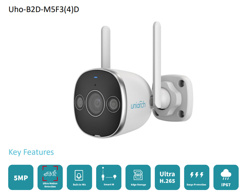 UHO-B2D-M5F3D CAMARA WIFI BALA 5MP 2.8MM INTELIGENTE COLOR IR20MT AUDIO BIDIRECIONAL128GB IP67 ONVIF UNIARCH3