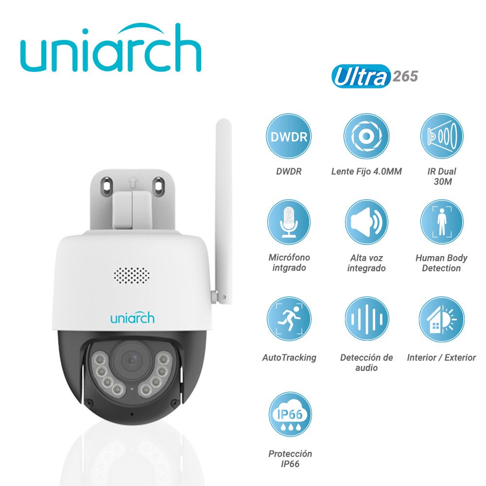UHO-P1A-M5F4D CAMARA WIFI PT 5MP 4MM INTELIGENTE COLOR IR30MT AUDIO BIDIRECIONAL ONVIF 256GB IP66 UNIARCH 0