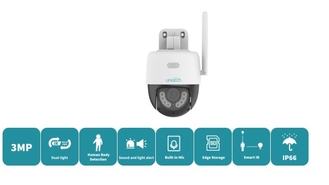 UHO-P1A-M3F4D CAMARA WIFI PT 3MP 4MM INTELIGENTE COLOR IR30MT AUDIO BIDIRECIONAL 512GB IP66 UNIARCH2