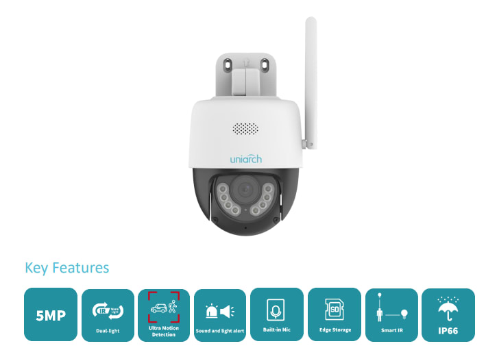 UHO-P1A-M5F4D CAMARA WIFI PT 5MP 4MM INTELIGENTE COLOR IR30MT AUDIO BIDIRECIONAL ONVIF 256GB IP66 UNIARCH2