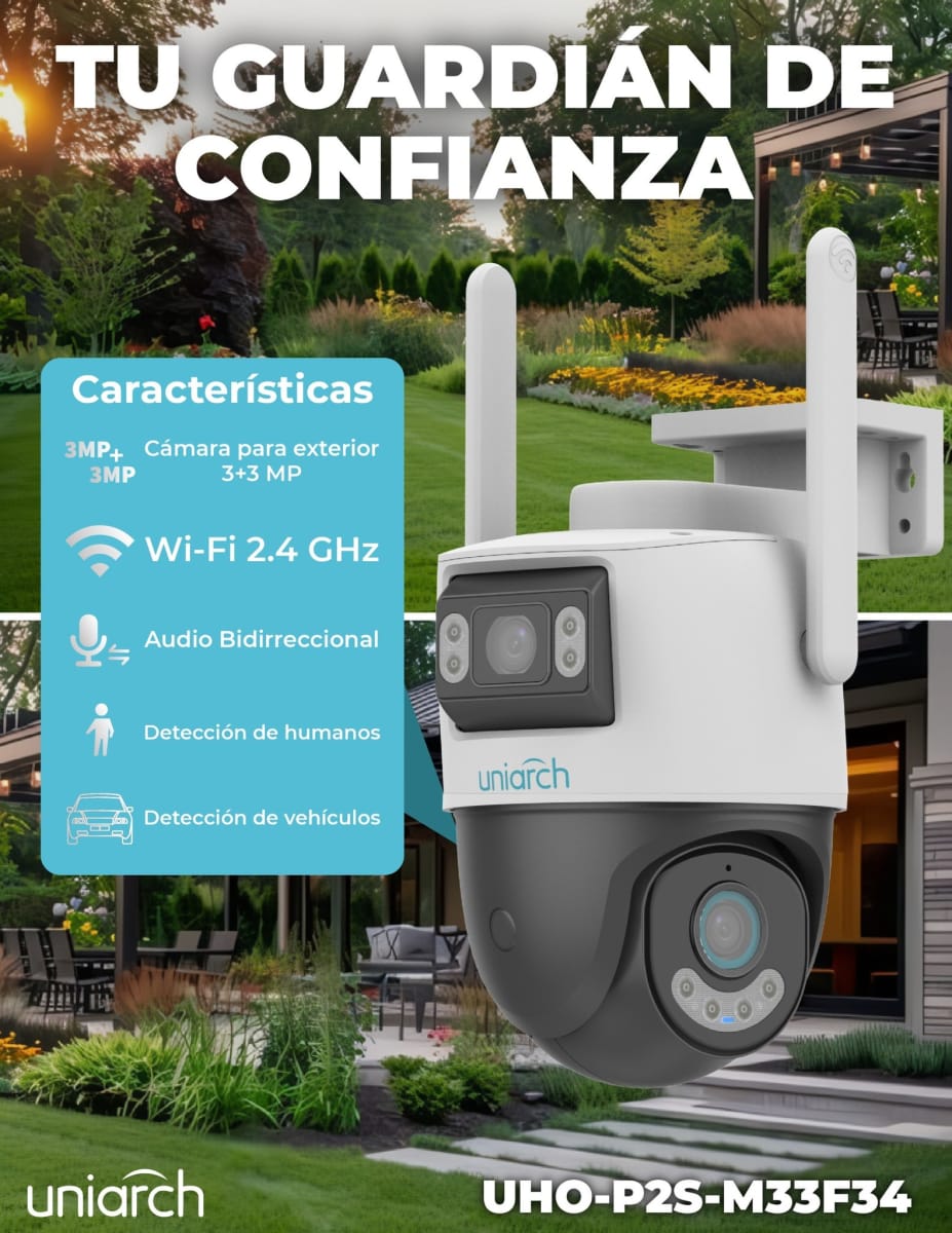 UHO-P2S-M33F34 CAMARA WIFI PT 3MP+3MP Doble Lentes 2.8MM COLOR IR30MT BIDIRECIONAL 512G IP66 UNIARCH 0