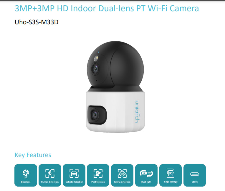 UHO-S3S-M33D CAMARA WIFI PT 3MP+3MP Doble Lentes 2.8MM IR10MT ALARMA AUDIO BIDIRECIONAL 512G UNIARCH2