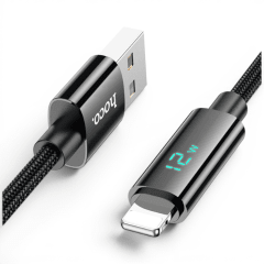 Cable Hoco U125 Clever USB-A a Lightning 12W 2.4A Display LED Digital Nylon Trenzado 1.2 Metros Negr