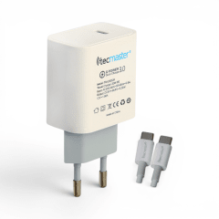 Cargador Tecmaster TM-200524 20W USB-C PD QC3.0 con Cable USB-C a USB-C Blanco