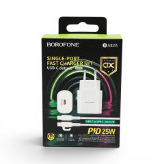 Cargador Borofone BA82A 25W Puerto USB-C Carga Rápida PD con Cable Type-C a Type-C 1m Blanco