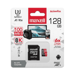 Tarjeta MicroSD Maxell Action Pro 128GB UHS-3 U3 Clase 10 8K Modelo MCSD-128U3 con Adaptador SD