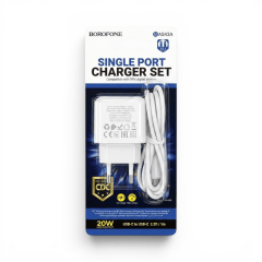 Cargador Borofone BAS43A 20W Puerto USB-C Carga Rápida PD con Cable Type-C a Type-C 1m Blanco