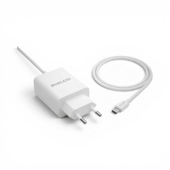 Cargador Philco 10W Doble Puerto USB-A 2.1A con Cable Type-C 1.2m Blanco