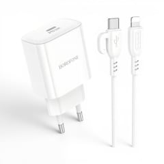 Cargador Borofone BA81A 20W USB-C PD con Cable USB-C a Lightning 1 Metro iPhone Blanco