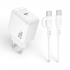 Cargador Borofone BAS43A 20W USB-C PD con Cable USB-C a USB-C 1 Metro Blanco