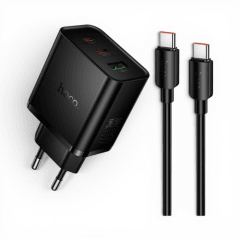 Cargador Hoco N75 65W Triple Puerto 2x USB-C y USB-A Carga Rápida PD con Cable Type-C Negro