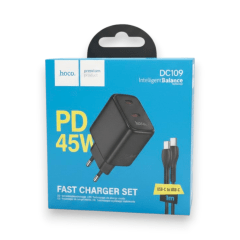 Cargador Hoco DC109 45W Doble Puerto USB-C Carga Rápida PD con Cable Type-C a Type-C 1m Negro