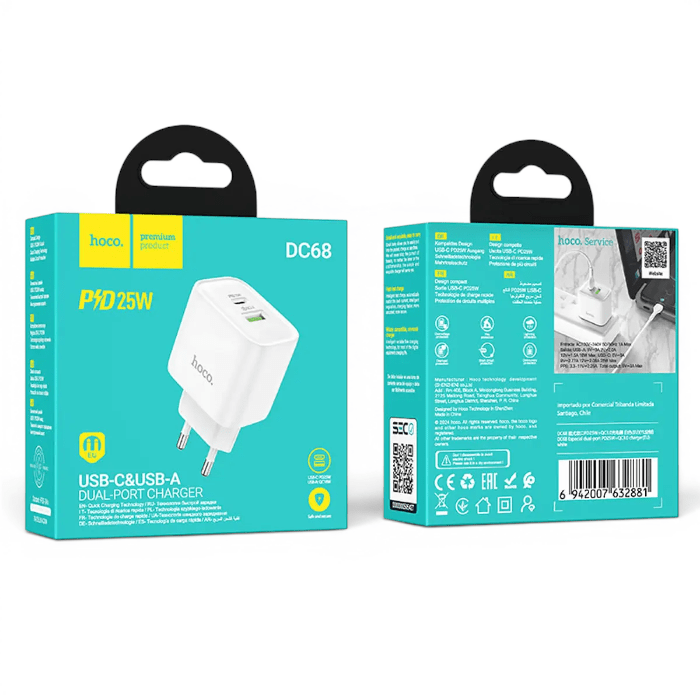 Cargador Hoco DC68 25W Doble Puerto USB-C y USB-A Carga Rápida Universal2