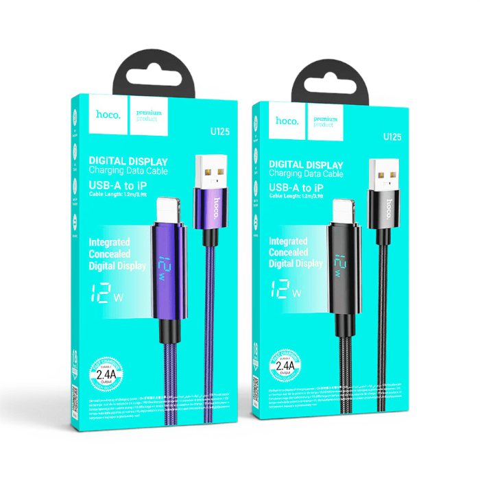 Cable Hoco U125 Clever USB-A a Lightning 12W 2.4A Display LED Digital Nylon Trenzado 1.2 Metros Negr3
