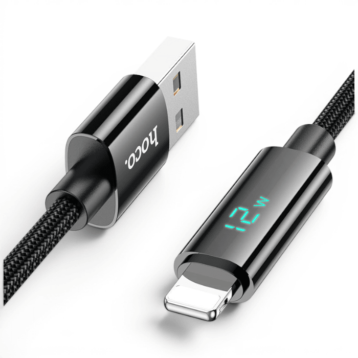 Cable Hoco U125 Clever USB-A a Lightning 12W 2.4A Display LED Digital Nylon Trenzado 1.2 Metros Negr1