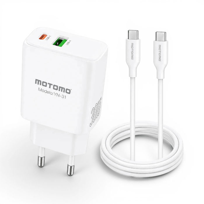 Cargador Motomo MO-PDYN-31 30W GaN Doble Puerto USB-C y USB-A Carga Rápida PD QC 3.0 con Cable Type-1