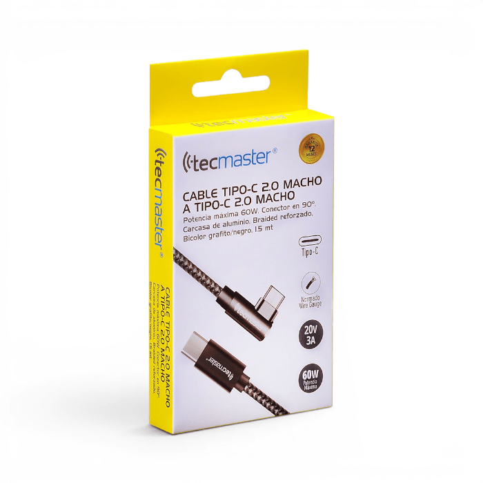 Cable Tecmaster TM-200544 USB-C a USB-C 60W PD Nylon Trenzado Conector 90° 1.5 Metros Grafito Negro3