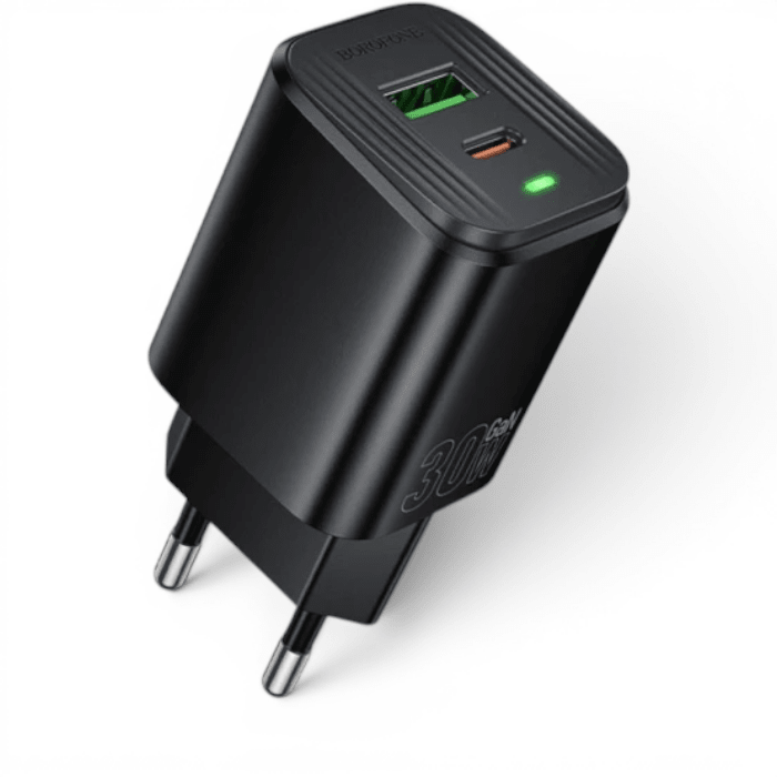 Cargador Borofone BAS85A 30W Doble Puerto USB-C y USB-A Carga Rápida PD QC 3.0 Sin Cable Negro1