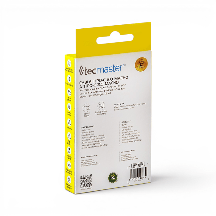 Cable Tecmaster TM-200544 USB-C a USB-C 60W PD Nylon Trenzado Conector 90° 1.5 Metros Grafito Negro4