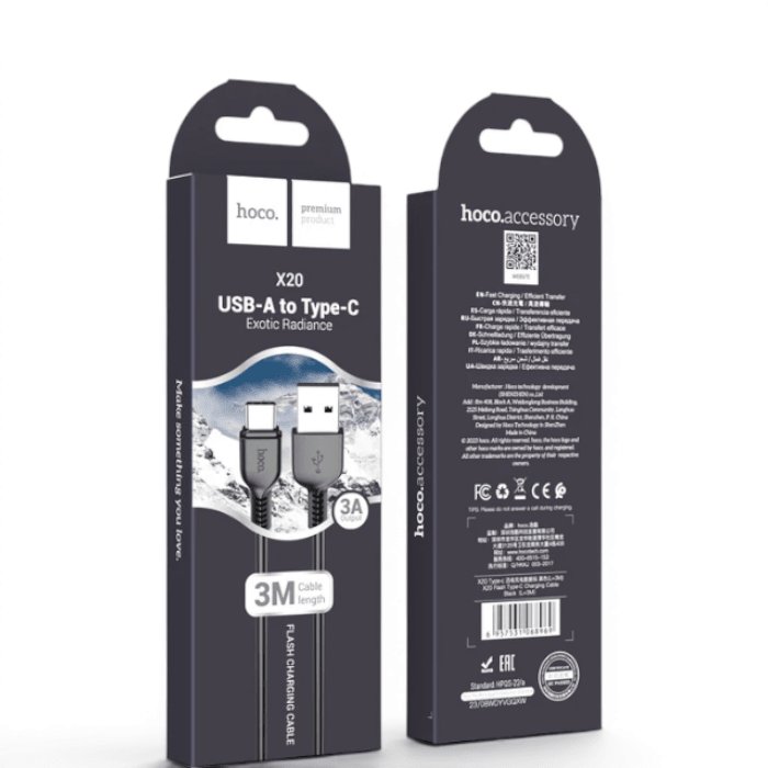 Cable Hoco X20 Flash Charging USB-A a USB-C 3A QC3.0 Transferencia Datos 3 Metros Negro2