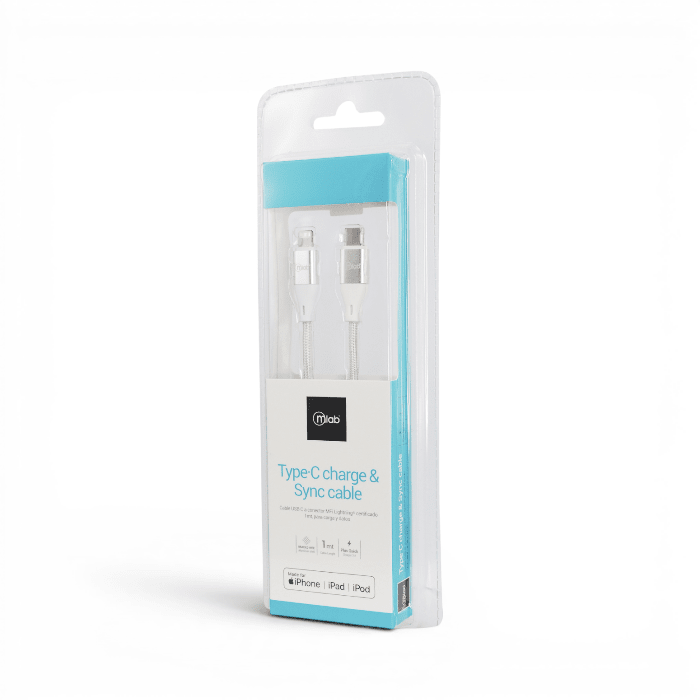 Cable Mlab MFi Certificado USB-C a Lightning Carga Rápida PD Carga y Datos 1 Metro Plata2