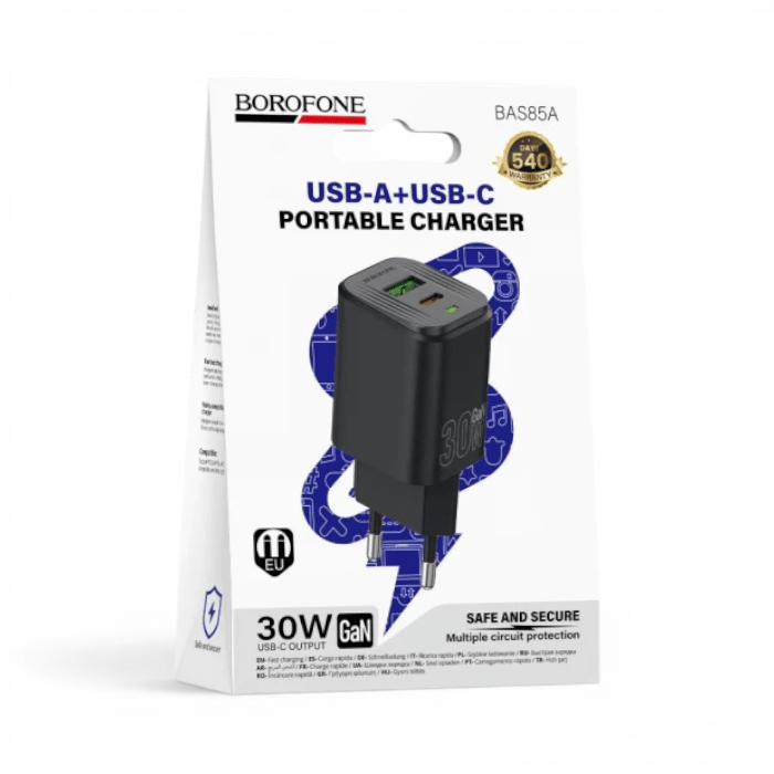 Cargador Borofone BAS85A 30W Doble Puerto USB-C y USB-A Carga Rápida PD QC 3.0 Sin Cable Negro2