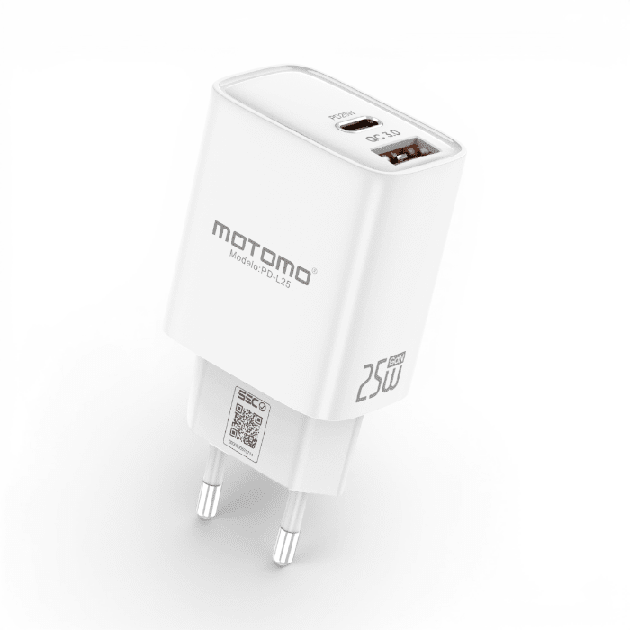 Cargador Motomo PD-L25 25W GaN Doble Puerto USB-C y USB-A Carga Rápida PD QC 3.0 con Cable Type-C Bl1