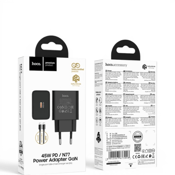 Cargador Hoco N77 45W GaN USB-C PD con Cable USB-C a USB-C 1 Metro Negro1