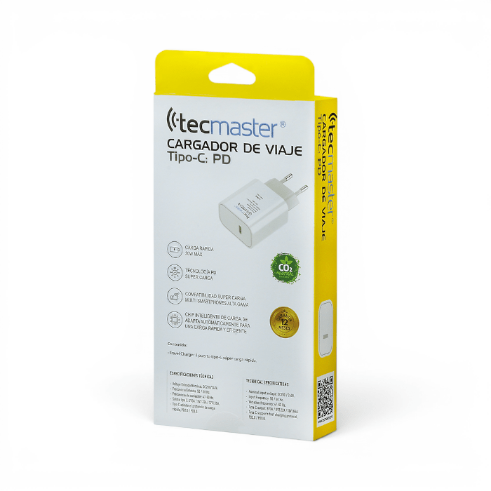 Cargador Tecmaster TM-200524 20W USB-C PD QC3.0 con Cable USB-C a USB-C Blanco3