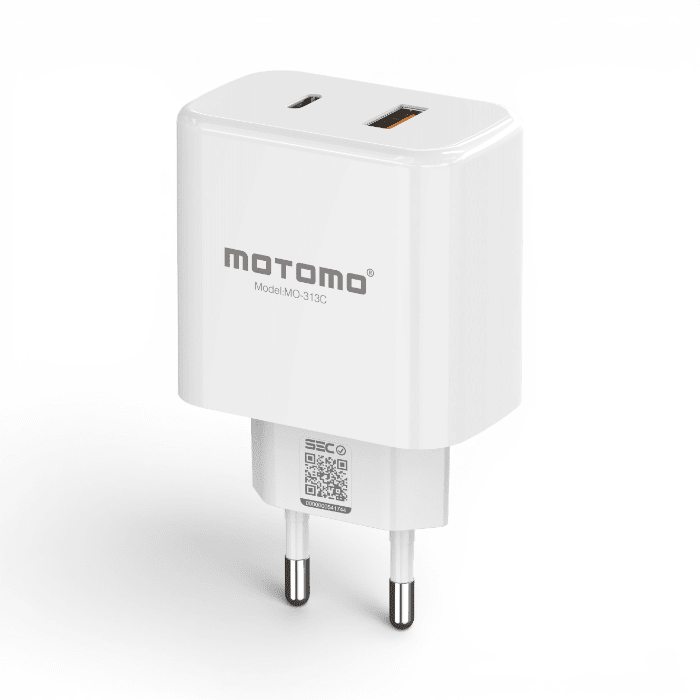 Cargador Motomo MO-313C 25W Doble Puerto USB-C y USB-A QC3.0 Certificado SEC Blanco1