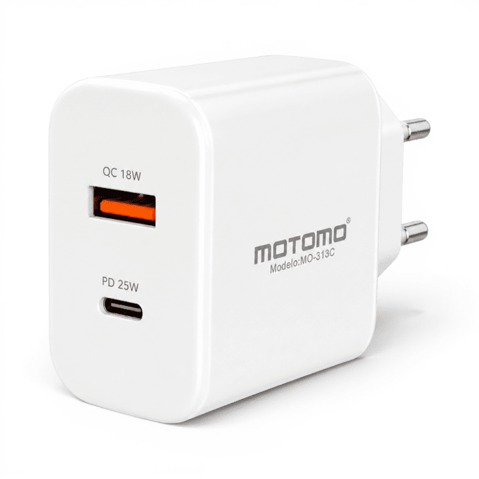 Cargador Motomo MO-313C 25W Doble Puerto USB-C y USB-A QC3.0 Certificado SEC Blanco2
