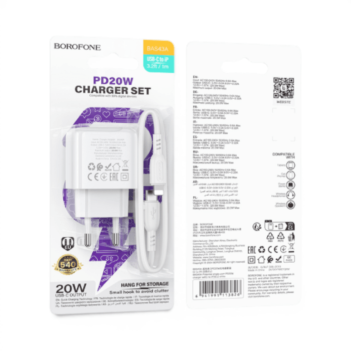 Cargador Borofone BAS43A 20W USB-C PD con Cable USB-C a Lightning 1 Metro iPhone Blanco1