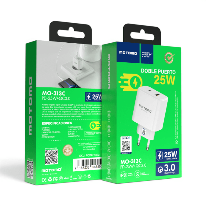 Cargador Motomo MO-313C 25W Doble Puerto USB-C y USB-A QC3.0 Certificado SEC Blanco3