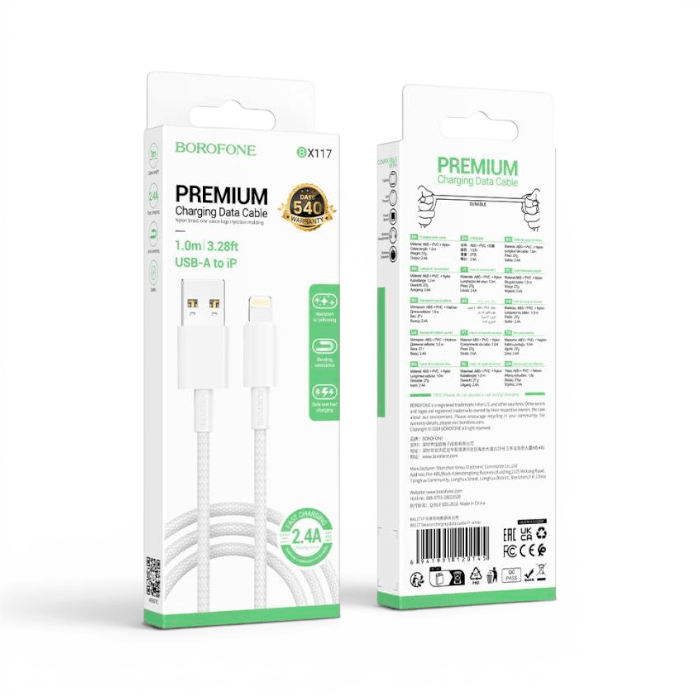 Cable Borofone BX117 Rich USB-A a Lightning 2.4A Carga y Datos PVC Flexible 1 Metro Blanco3