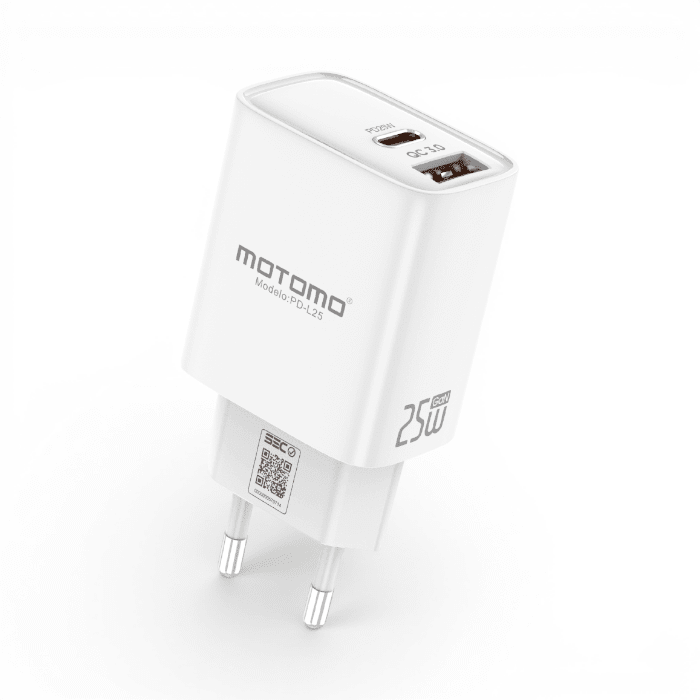 Cargador Motomo PD-L25 25W GaN Doble Puerto USB-C PD y USB-A QC3.0 con Cable USB-C Blanco1