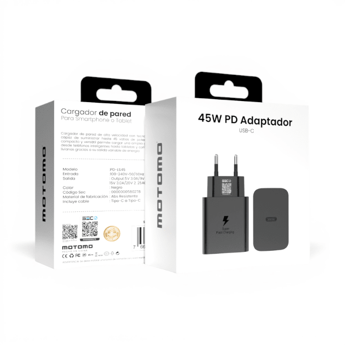 ADAPTADOR 45W PD-LS45Cargador Motomo PD-LS45 45W Puerto USB-C Carga Rápida PD Sin Cable1