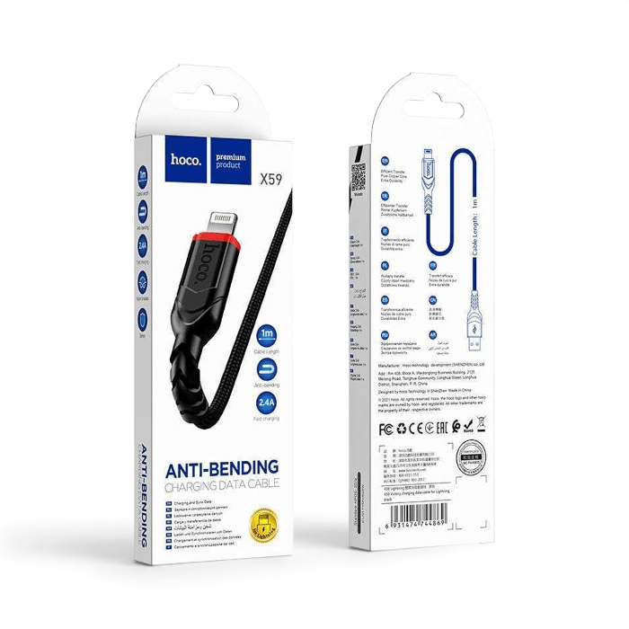 Cable Hoco X59 Victory USB-A a Lightning 2.4A Nylon Trenzado Carga y Datos 2 Metros Negro3