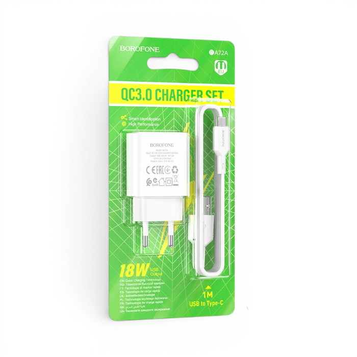 Cargador Borofone BAS72A 18W USB-A QC3.0 con Cable USB-C 1 Metro Blanco1