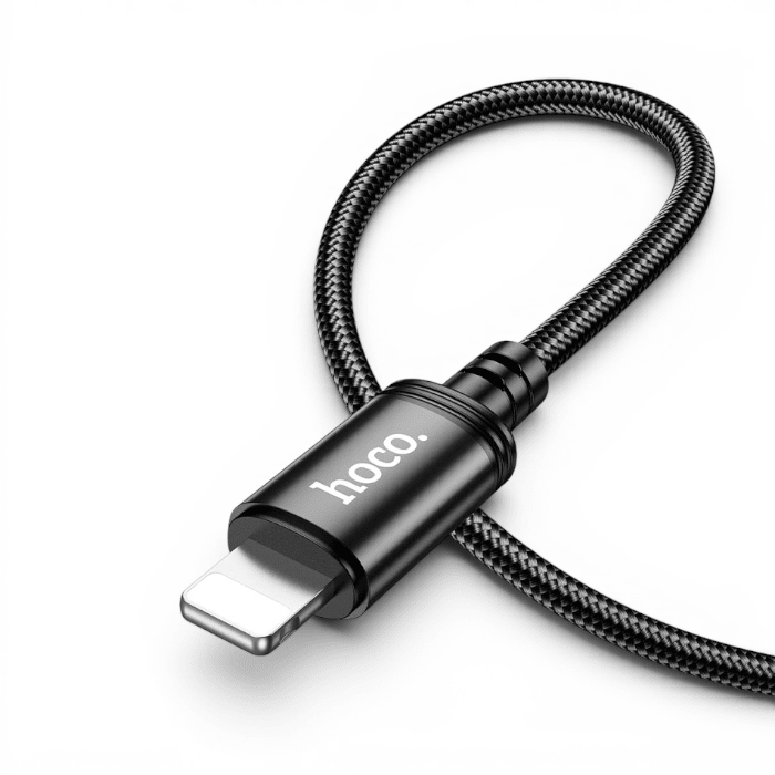 Cable Hoco X89 Wind USB-A a Lightning 2.4A Nylon Trenzado Conectores Aluminio 1 Metro Negro1