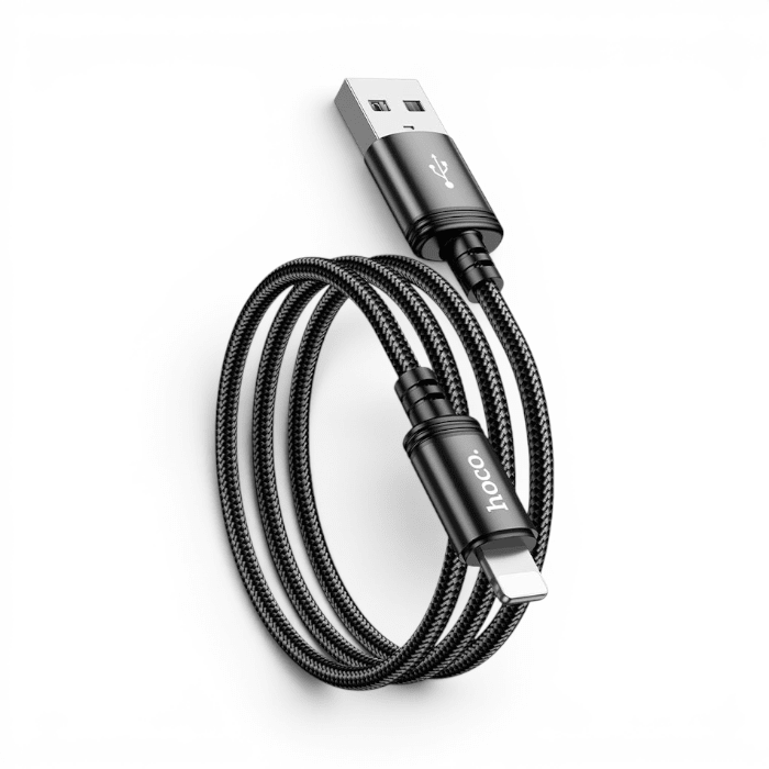Cable Hoco X89 Wind USB-A a Lightning 2.4A Nylon Trenzado Conectores Aluminio 1 Metro Negro2