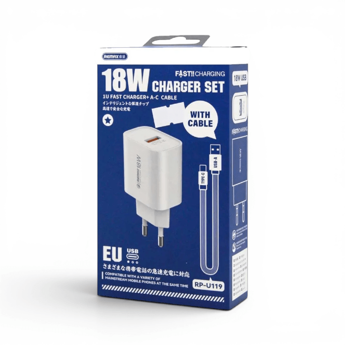Cargador Remax RP-U119 18W Puerto USB-A Carga Rápida con Cable USB-A a Type-C Blanco2