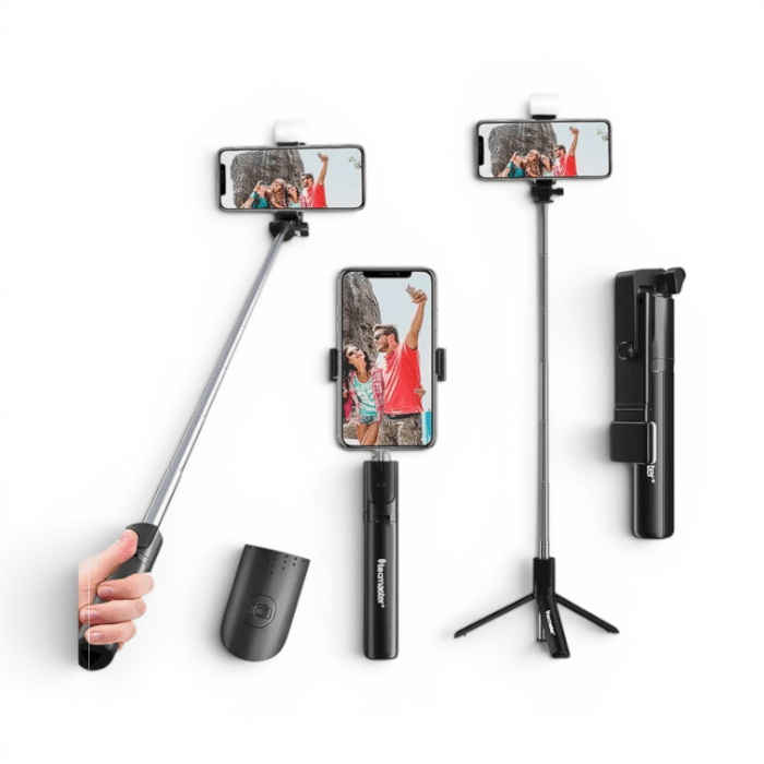 Bastón Selfie Tecmaster TM-200558 Bluetooth con Trípode Luz LED IPX4 Control Remoto Negro2