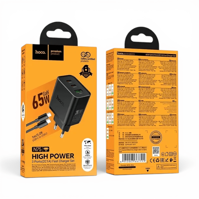 Cargador Hoco N75 65W Triple Puerto 2x USB-C y USB-A Carga Rápida PD con Cable Type-C Negro2