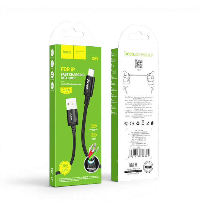 Cable Hoco X89 Wind USB-A a Lightning 2.4A Nylon Trenzado Conectores Aluminio 1 Metro Negro3